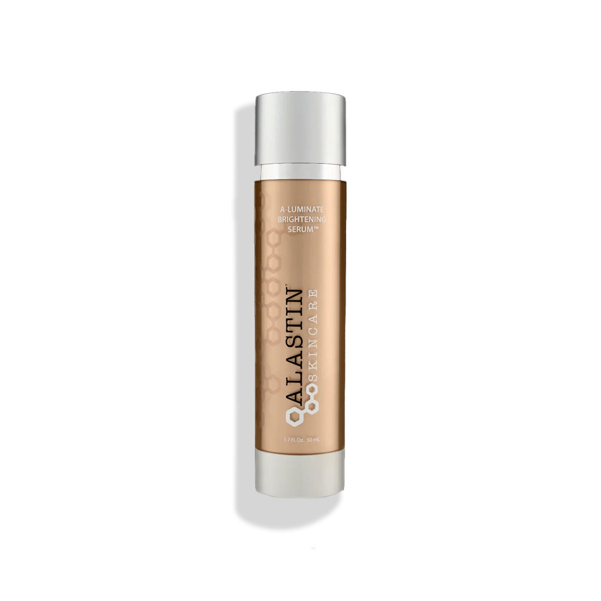 Bottle of Alastin A-LUMINATE Brightening Serum on a clean, minimalist background, highlighting its sleek, modern packaging design and the distinctive Alastin brand logo