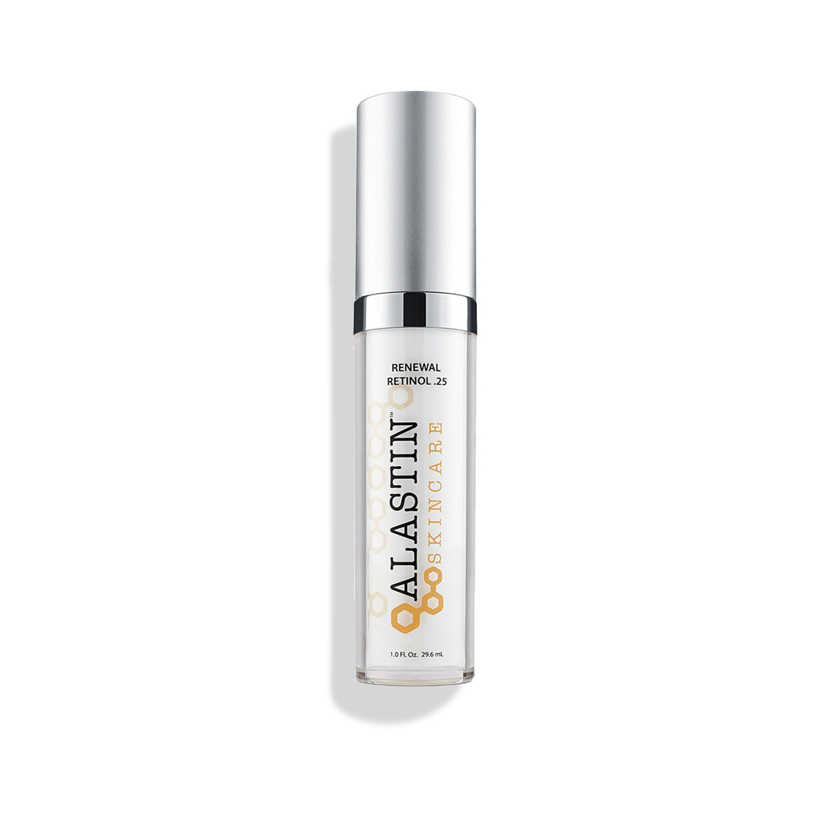 A stylish white pump bottle of Alastin Renewal Retinol .25% showcased on a simple backdrop, designed to rejuvenate skin with its anti-aging properties. Perfect for enhancing your skincare routine and achieving a youthful glow skincare