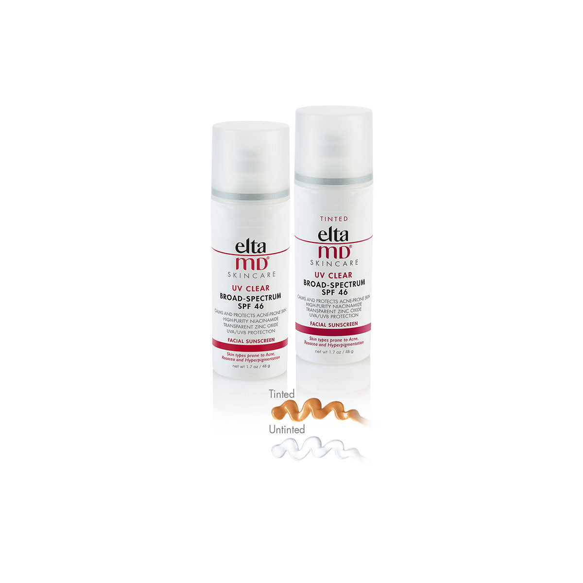 eltaMD UV Clear SPF 46 clear and tinted broad spectrum sunscreen bottles and swatches