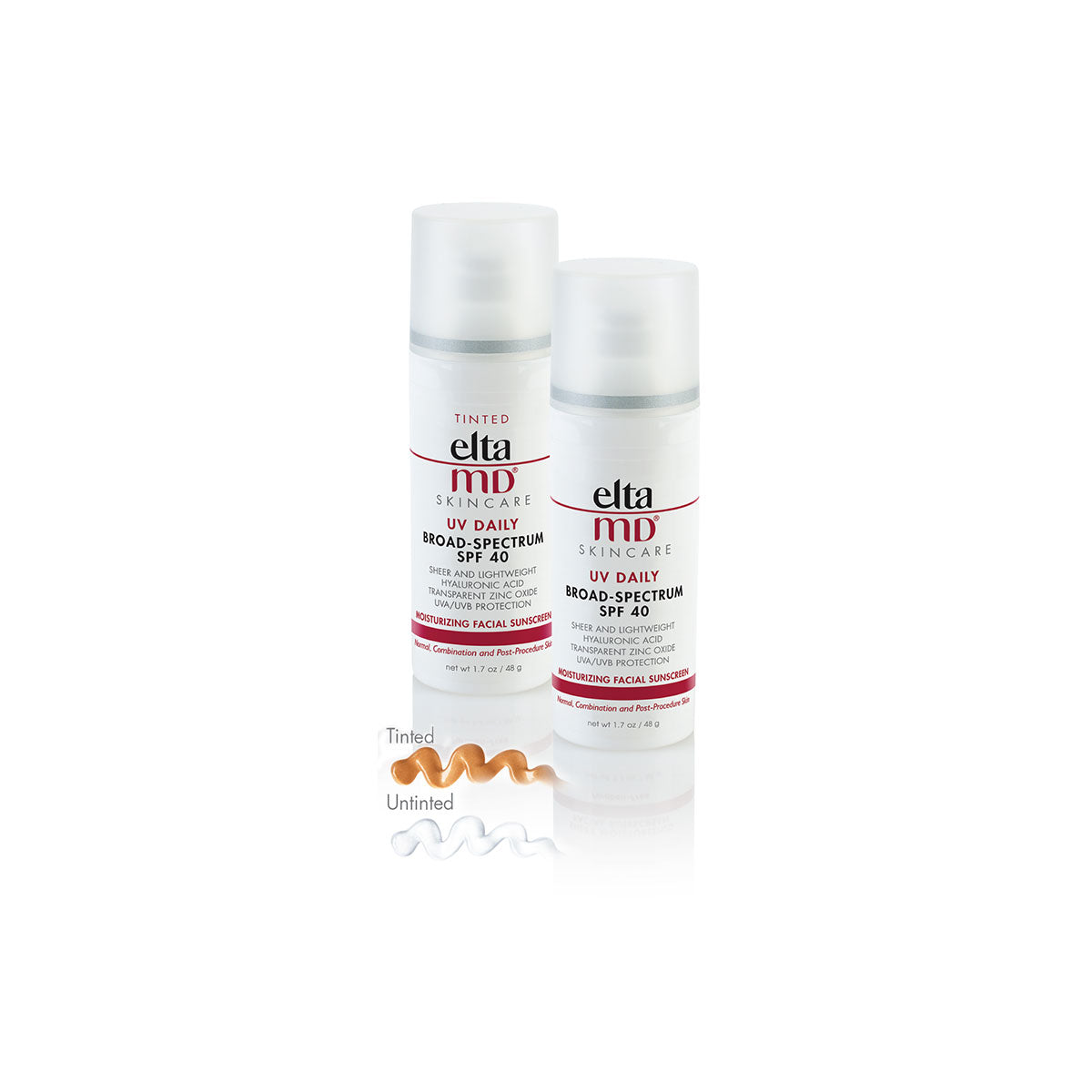 eltaMD UV Daily SPF 40 clear and tinted broad spectrum sunscreen swatches and bottles
