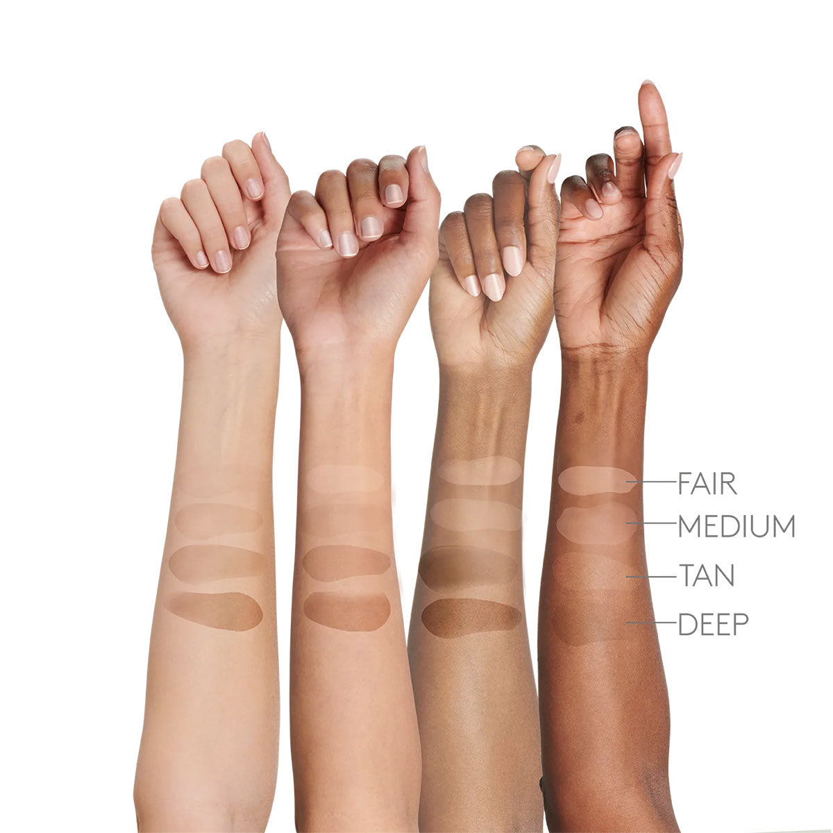 Colorescience Face Shield Glow SPF 50 mineral sunscreen swatches on different skin tones